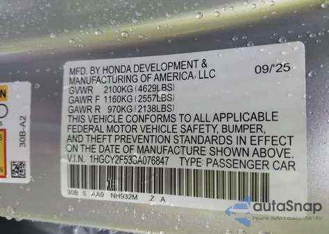 2025 Honda Accord Hybrid Sport z USA, uszkodzony, nr VIN 1HGCY2F53SA076847